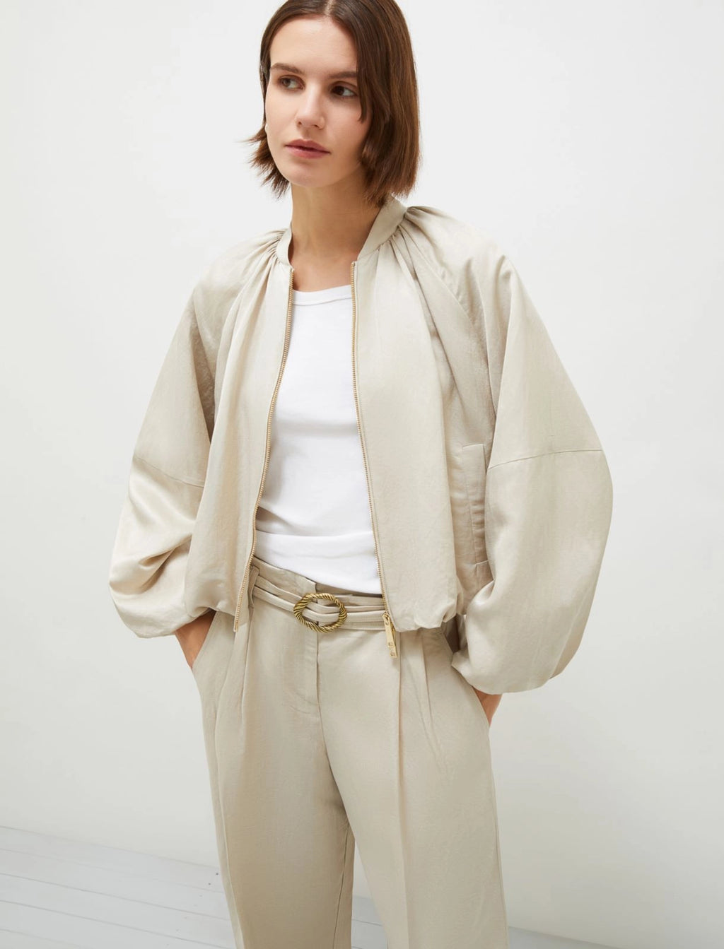 sand viscose linen bomber jacket