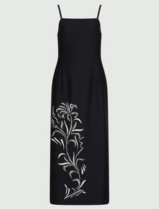 black placed satin sheath dress