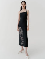 Load image into Gallery viewer, black placed satin sheath dress
