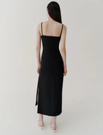 Load image into Gallery viewer, black placed satin sheath dress
