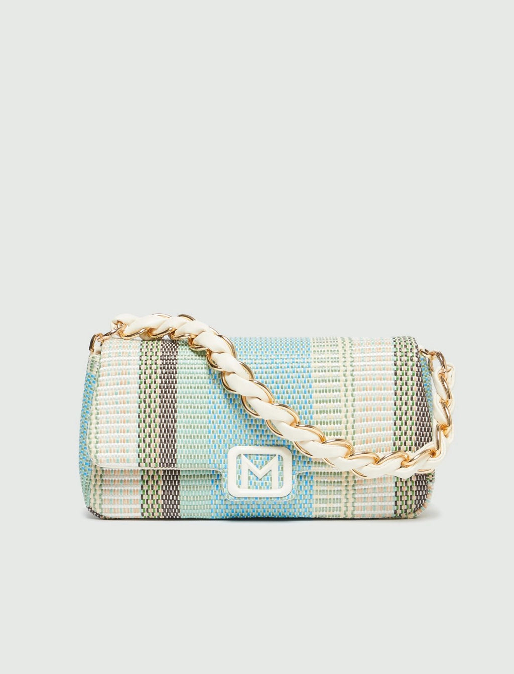 light blue raffia baguette bag