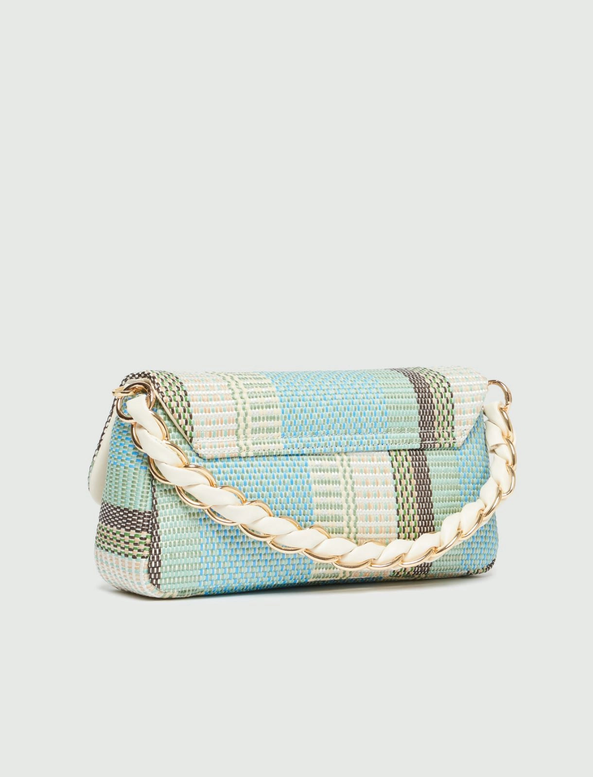 light blue raffia baguette bag