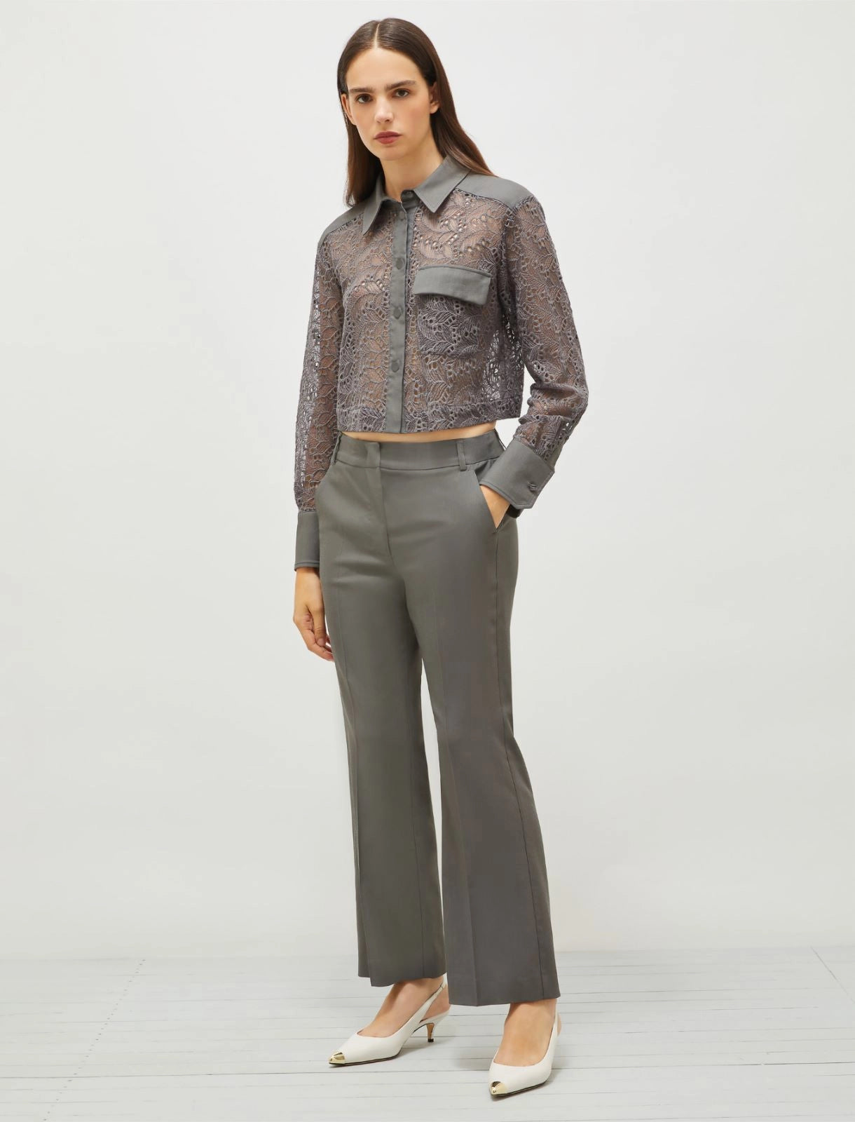 slate grey embroidered tulle shirt