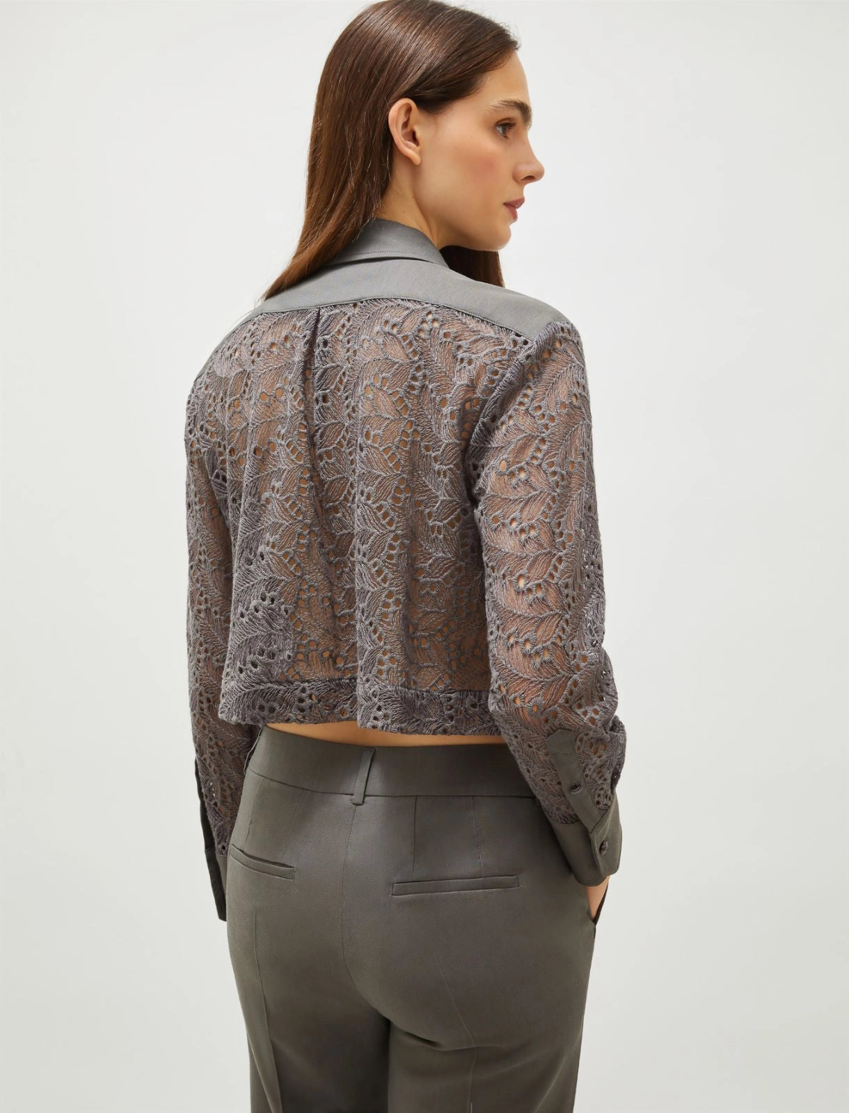 slate grey embroidered tulle shirt