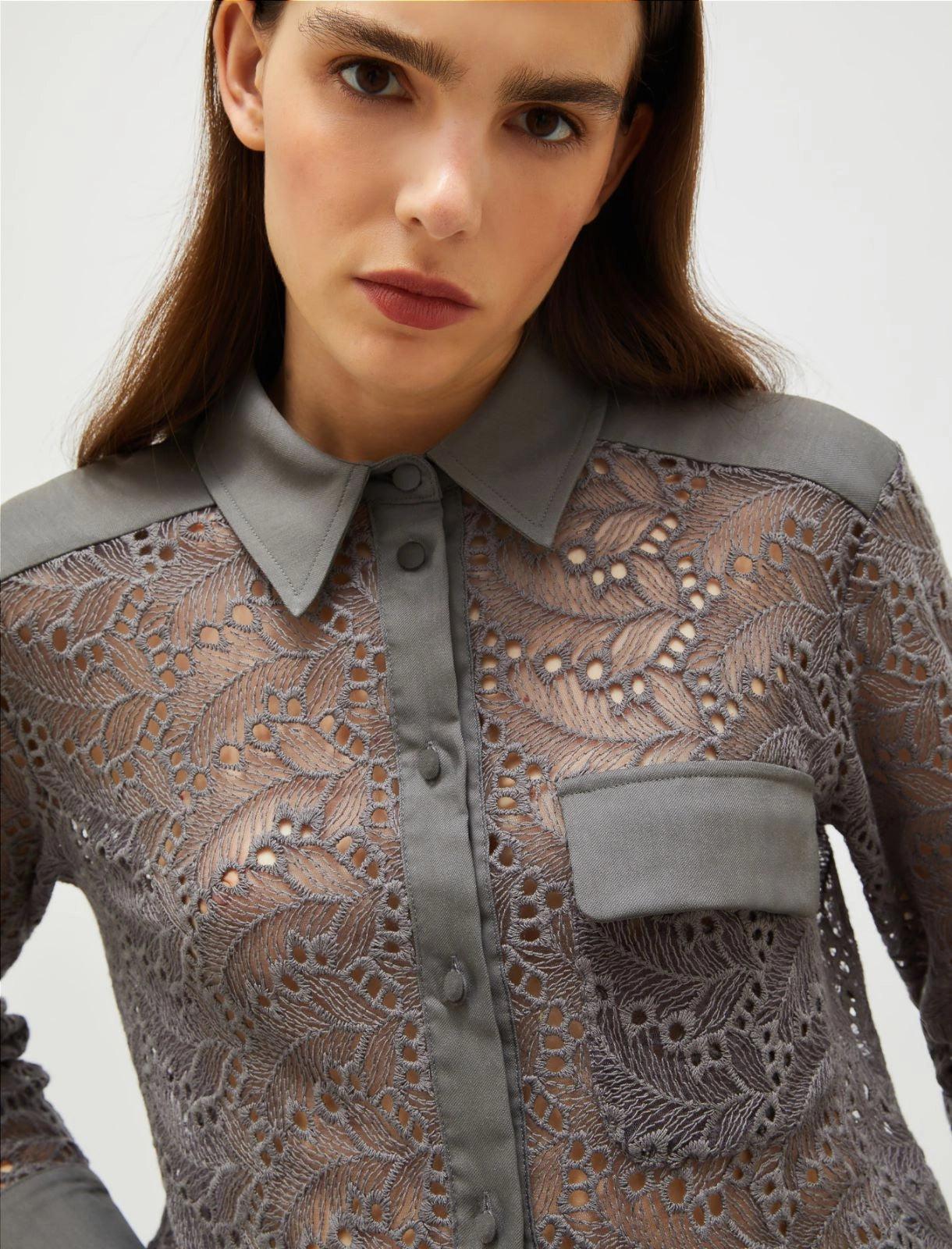 slate grey embroidered tulle shirt