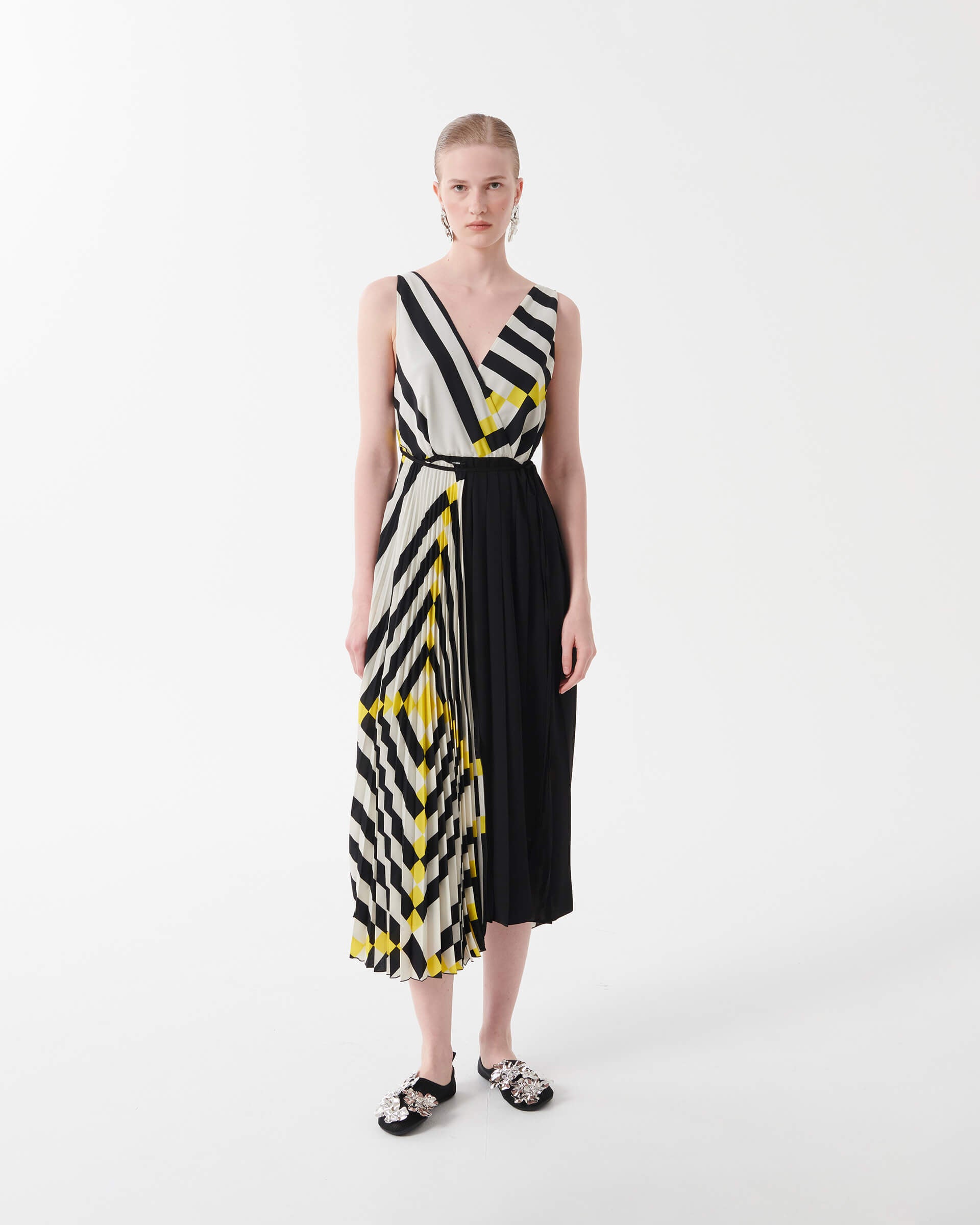 tricolore geometric pleated dress