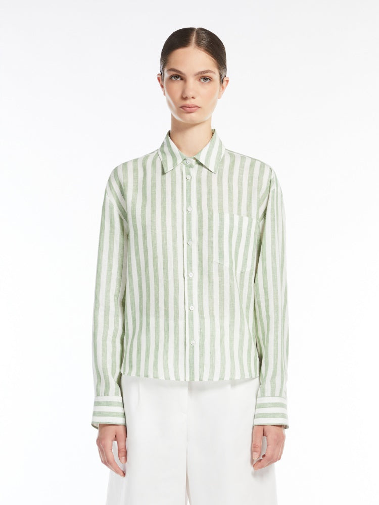 green & white linen shirt