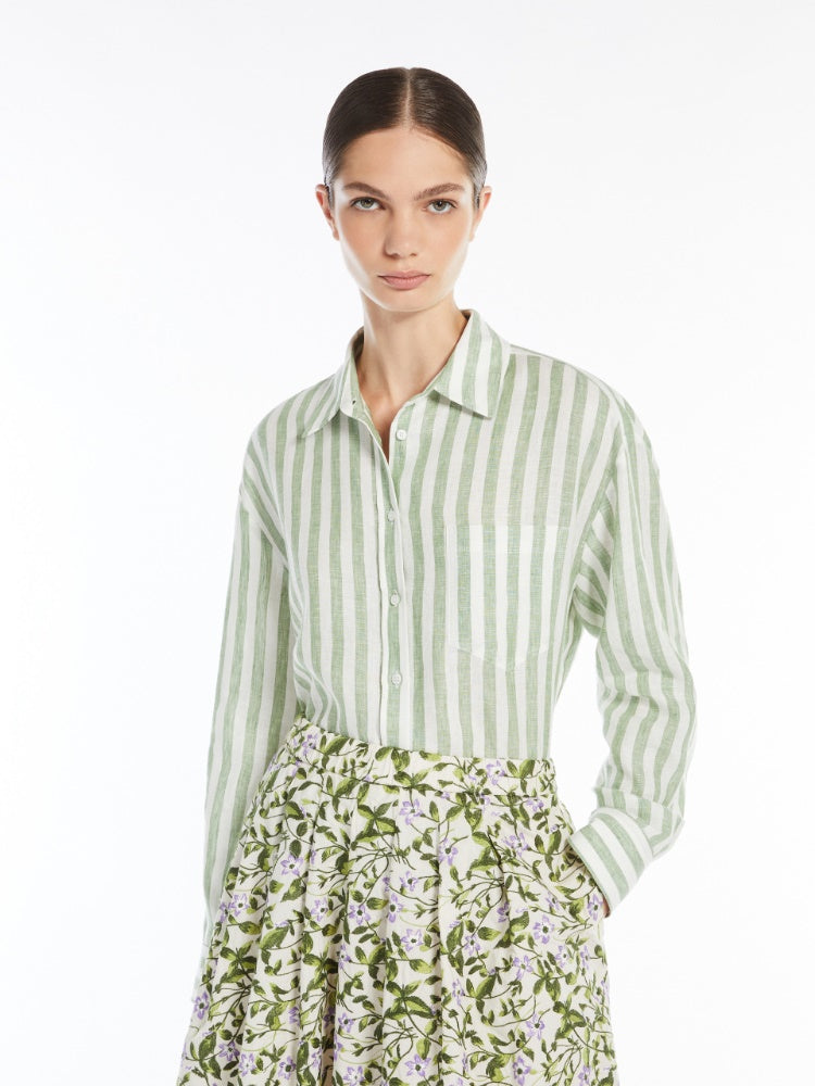 green & white linen shirt