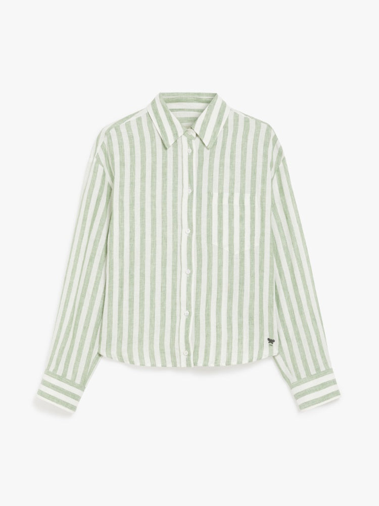 green & white linen shirt