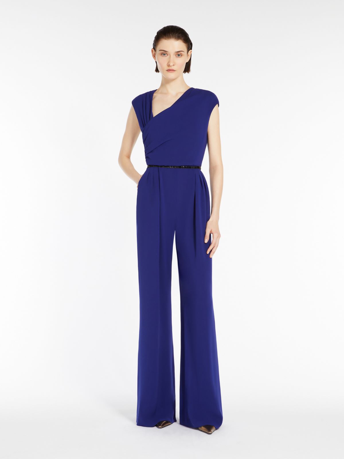 blue purple draped cady jumpsuit