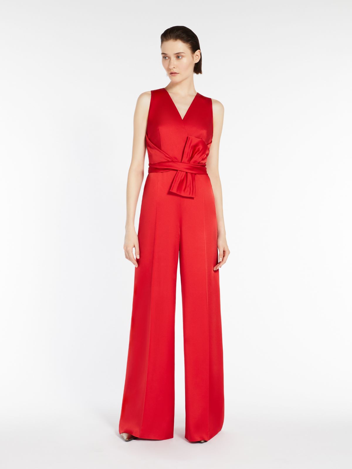 red sleeveless jumpsuit in cady