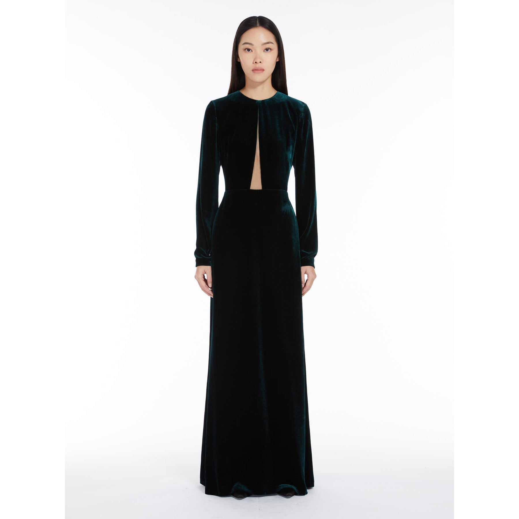 dark green long dress in sateen velvet