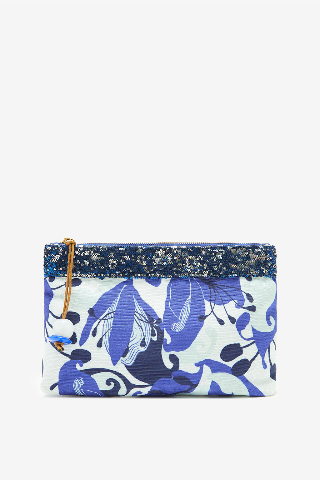 blue printed canvas pouch bag