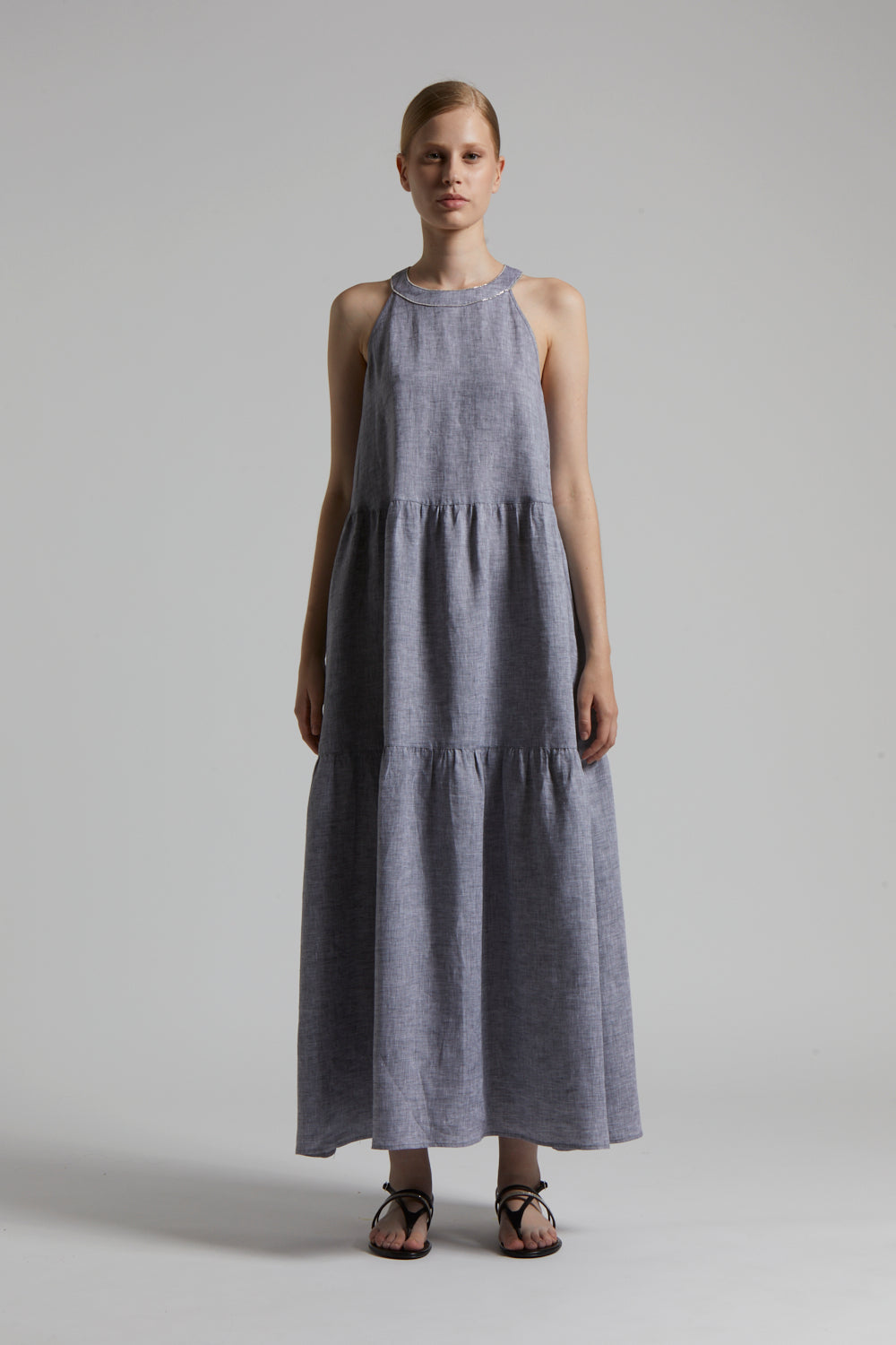 blue long pure linen dress