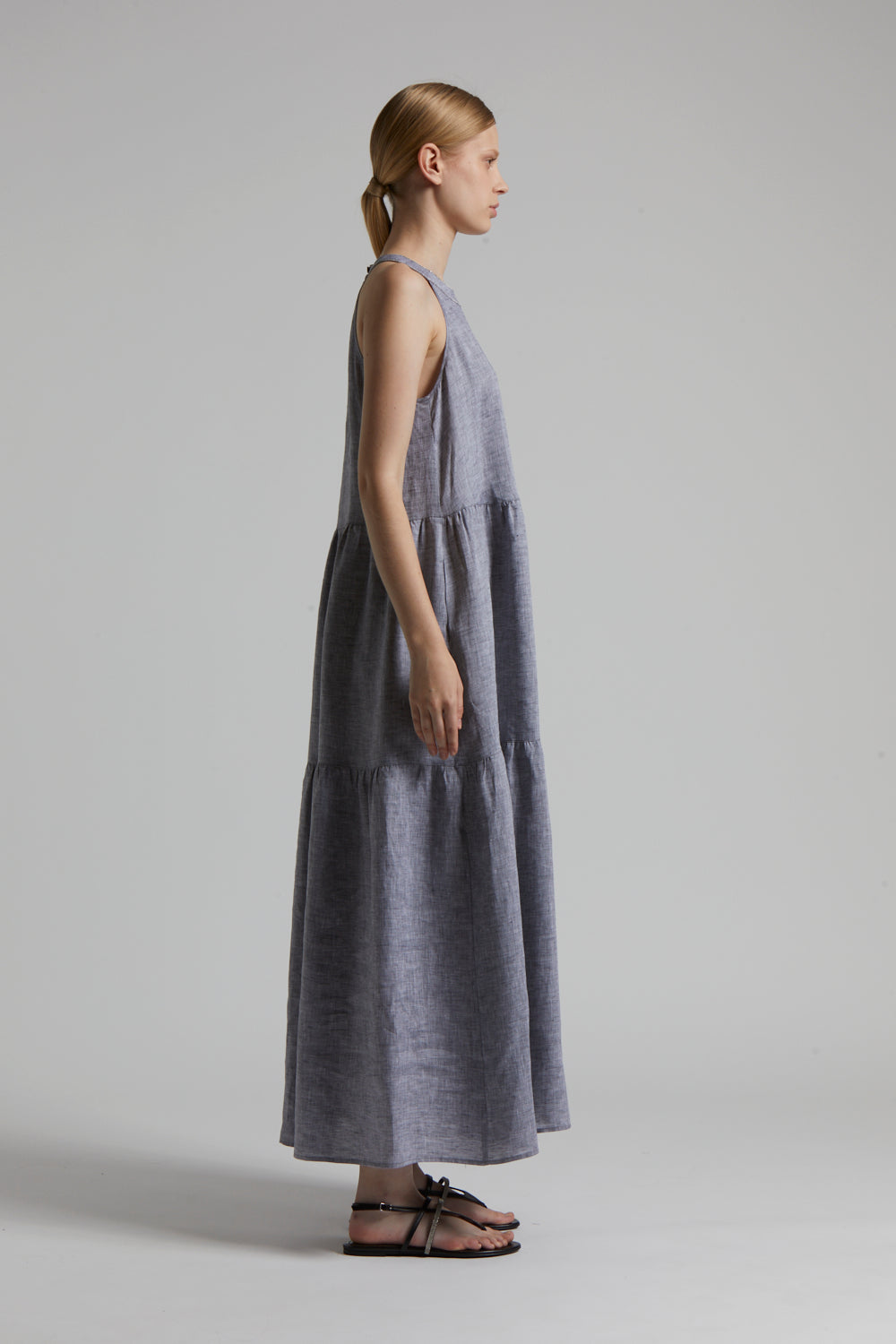 blue long pure linen dress