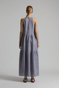 blue long pure linen dress