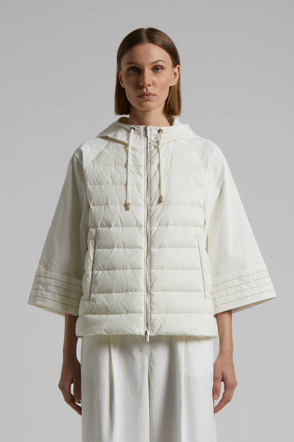 light white down jacket with hood